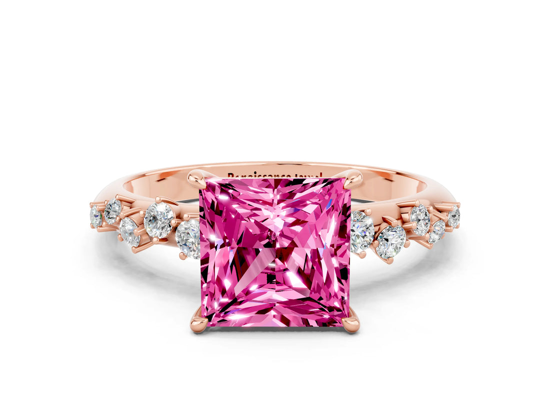 Rose gold Princess Cut Pink Sapphire Cluster Side Stone Solitaire Ring with Prong Setting_48