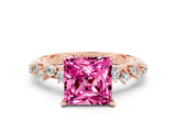 Rose gold Princess Cut Pink Sapphire Cluster Side Stone Solitaire Ring with Prong Setting_48
