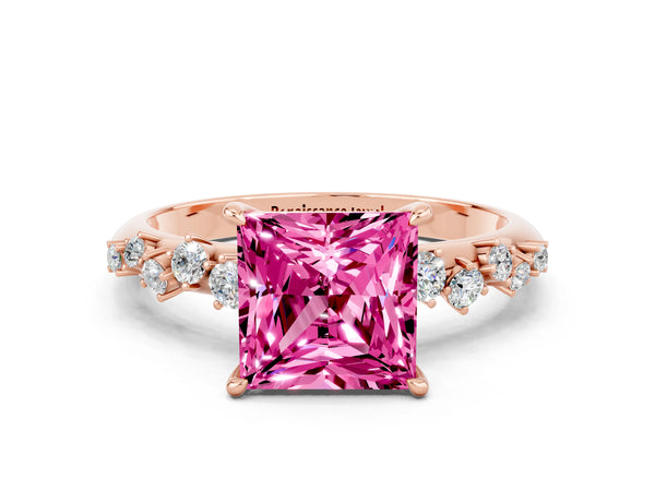 Rose gold Princess Cut Pink Sapphire Cluster Side Stone Solitaire Ring with Prong Setting