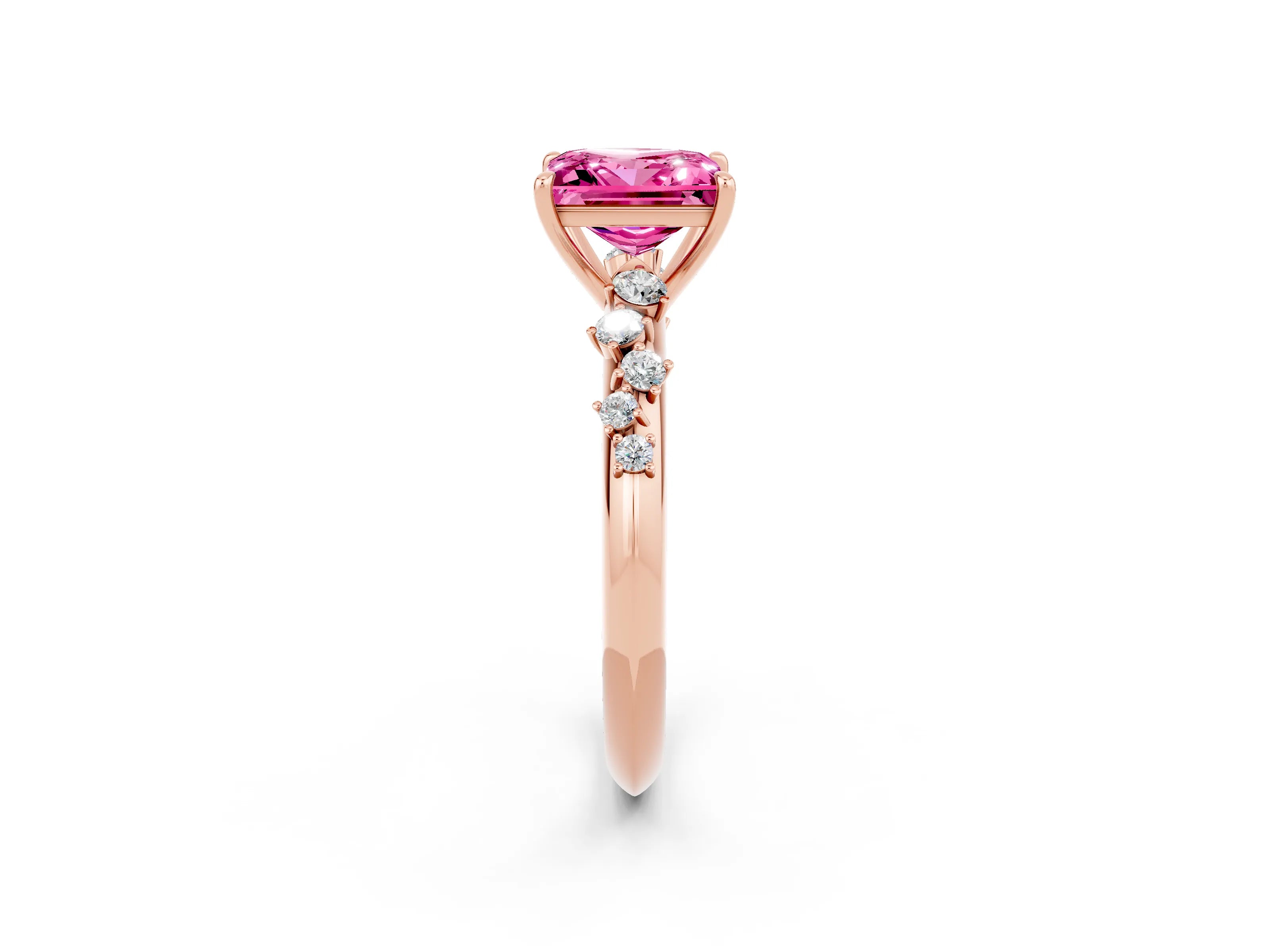 Rose gold Princess Cut Pink Sapphire Cluster Side Stone Solitaire Ring with Prong Setting_50