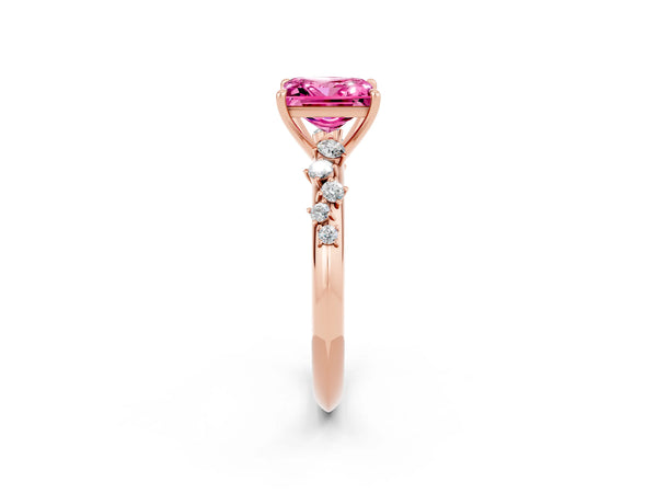 Rose gold Princess Cut Pink Sapphire Cluster Side Stone Solitaire Ring with Prong Setting