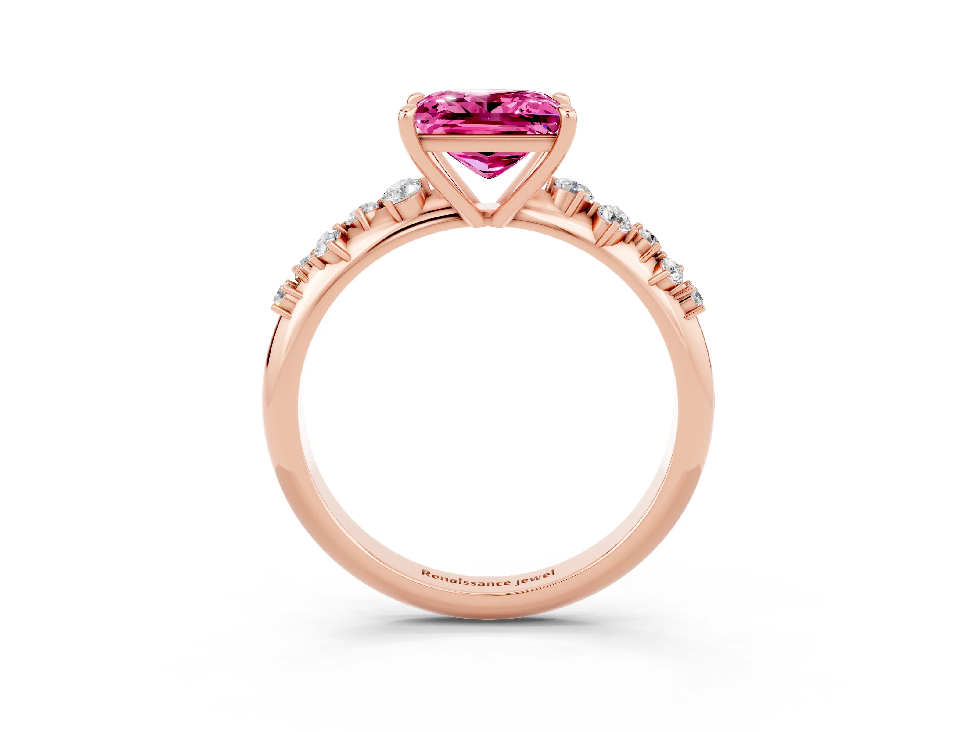 Rose gold Princess Cut Pink Sapphire Cluster Side Stone Solitaire Ring with Prong Setting_51