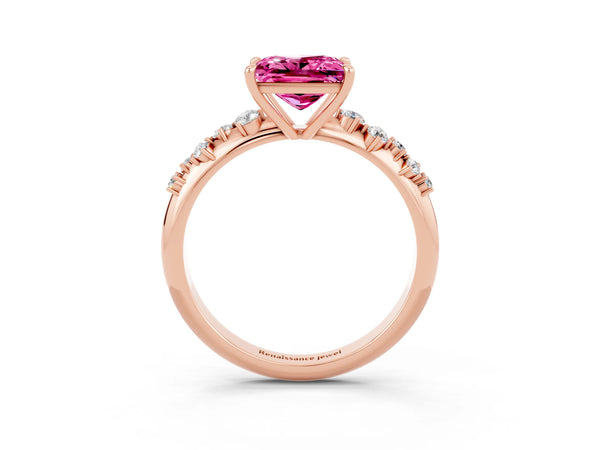 Rose gold Princess Cut Pink Sapphire Cluster Side Stone Solitaire Ring with Prong Setting
