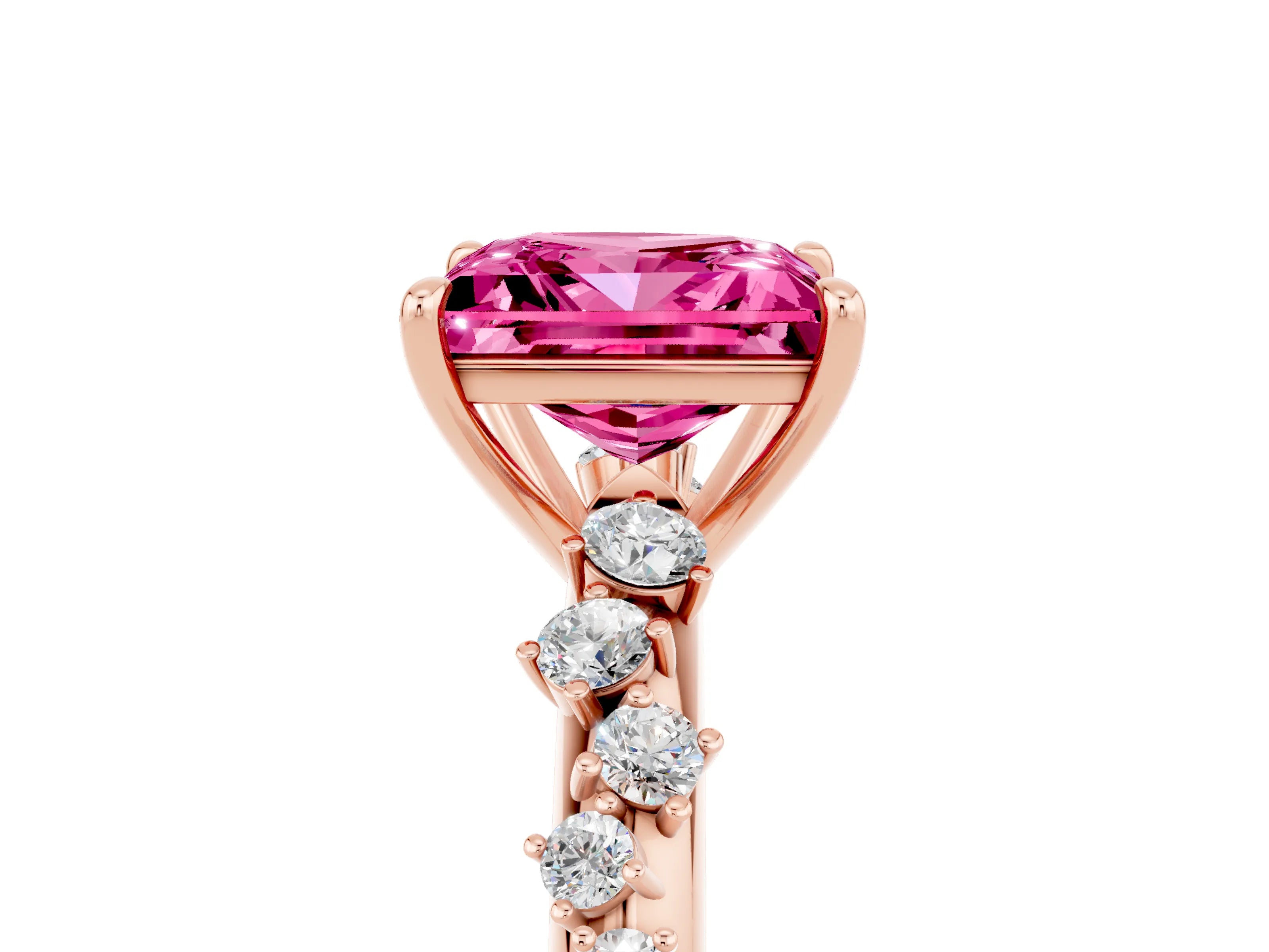 Rose gold Princess Cut Pink Sapphire Cluster Side Stone Solitaire Ring with Prong Setting_53