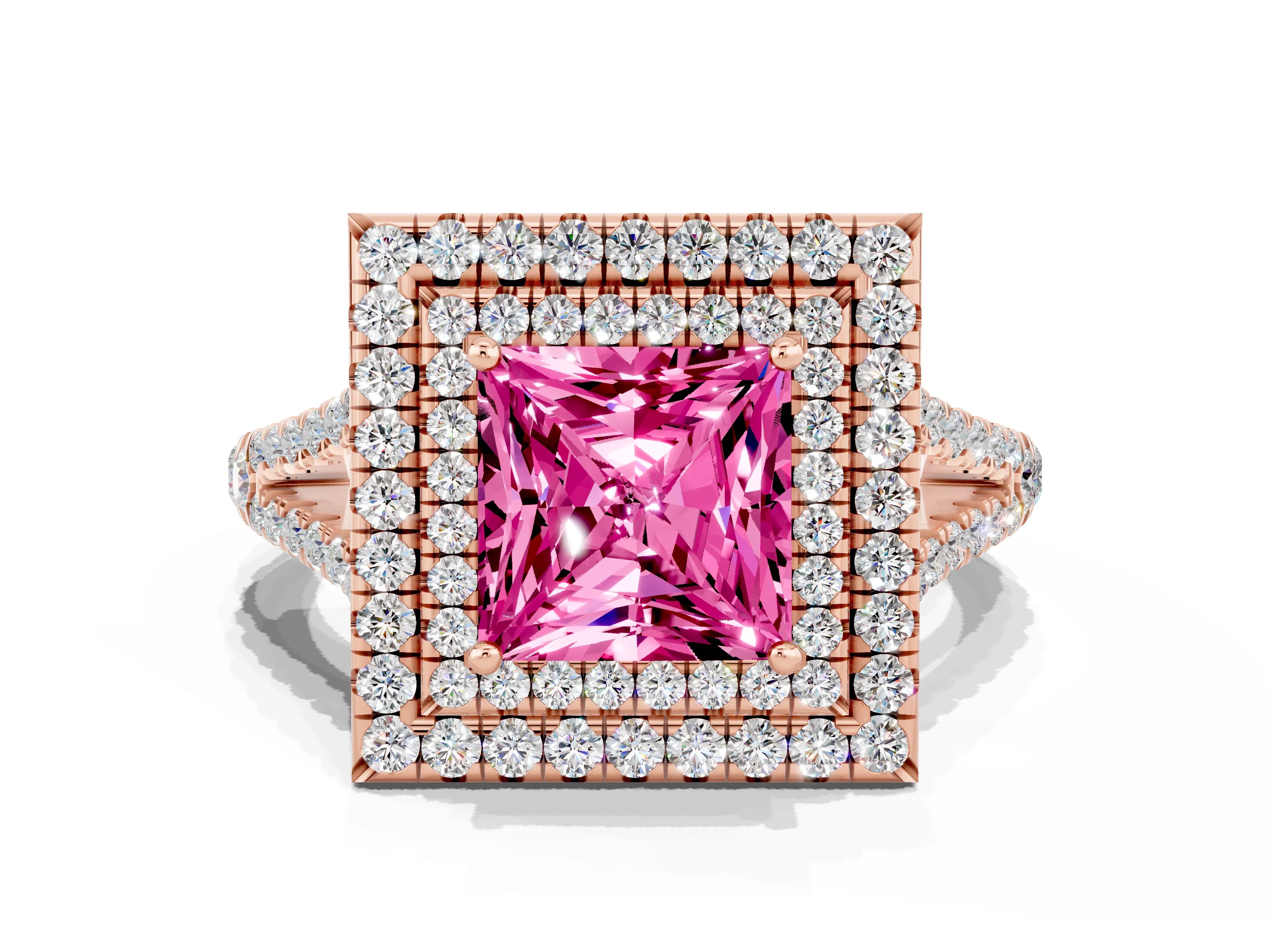 Rose gold Princess Cut Pink Sapphire Double Halo Ring with Pavé Band and Prong Setting_12