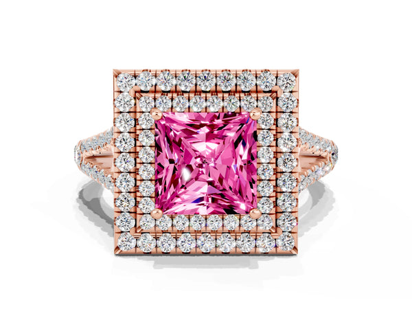 Rose gold Princess Cut Pink Sapphire Double Halo Ring with Pavé Band and Prong Setting