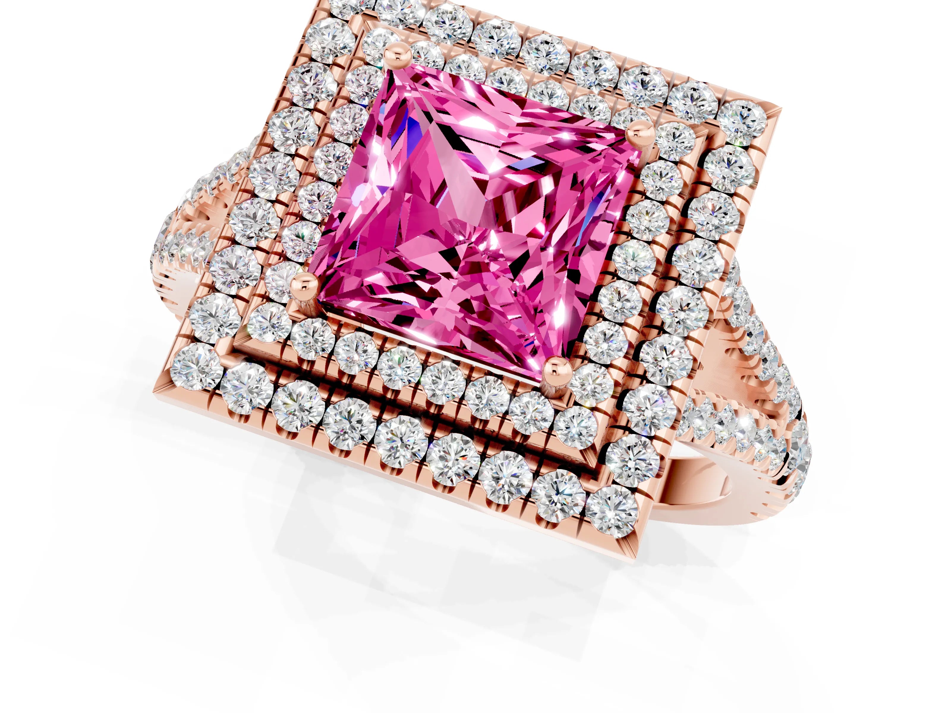 Rose gold Princess Cut Pink Sapphire Double Halo Ring with Pavé Band and Prong Setting_13