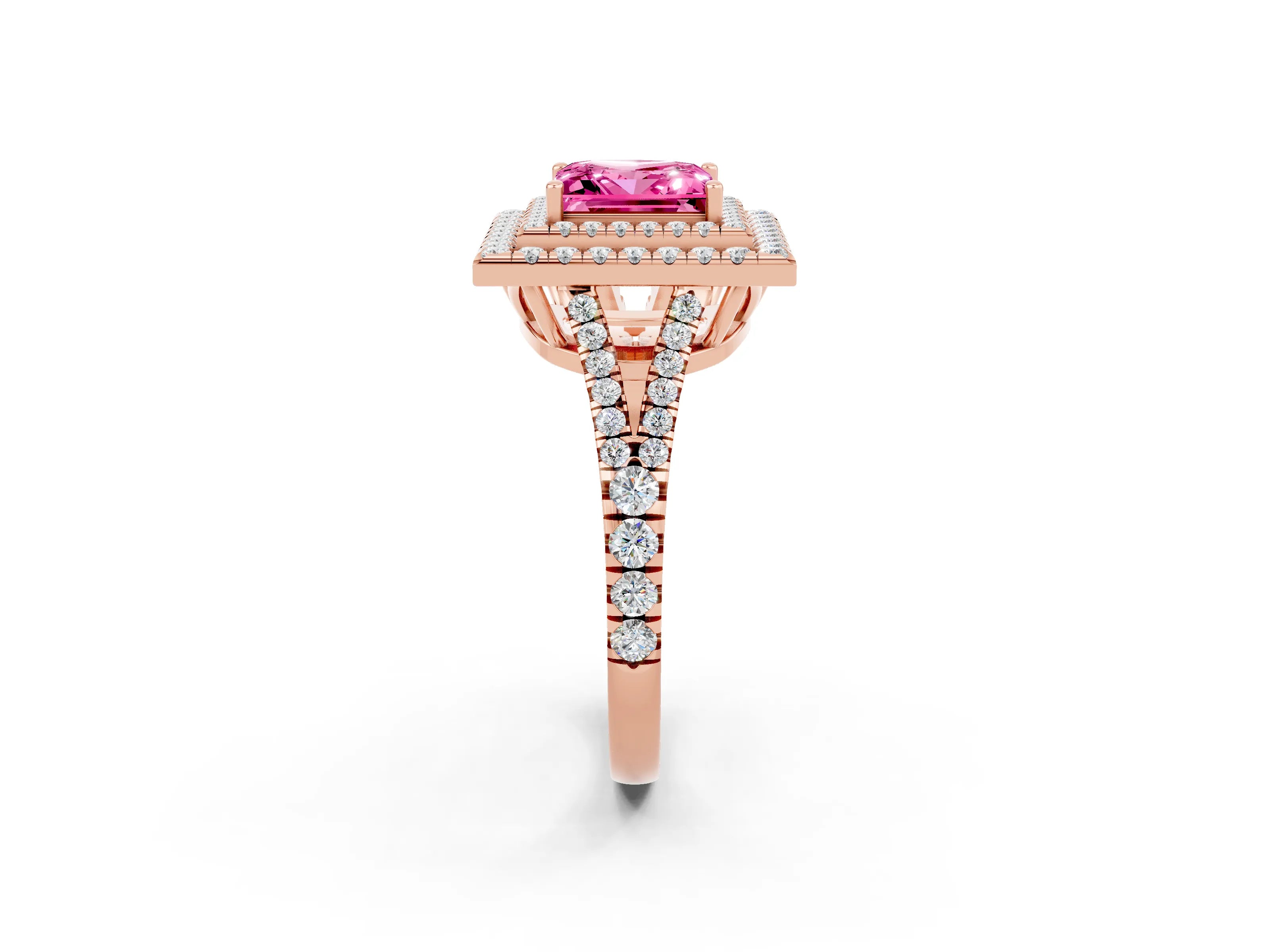 Rose gold Princess Cut Pink Sapphire Double Halo Ring with Pavé Band and Prong Setting_14