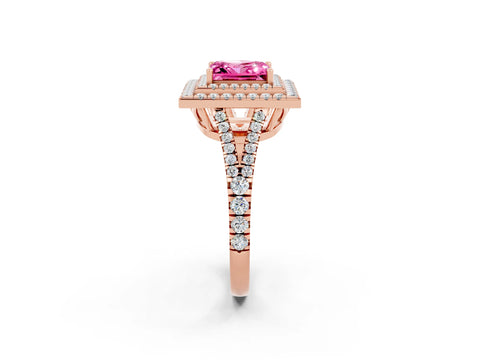 Rose gold Princess Cut Pink Sapphire Double Halo Ring with Pavé Band and Prong Setting_14