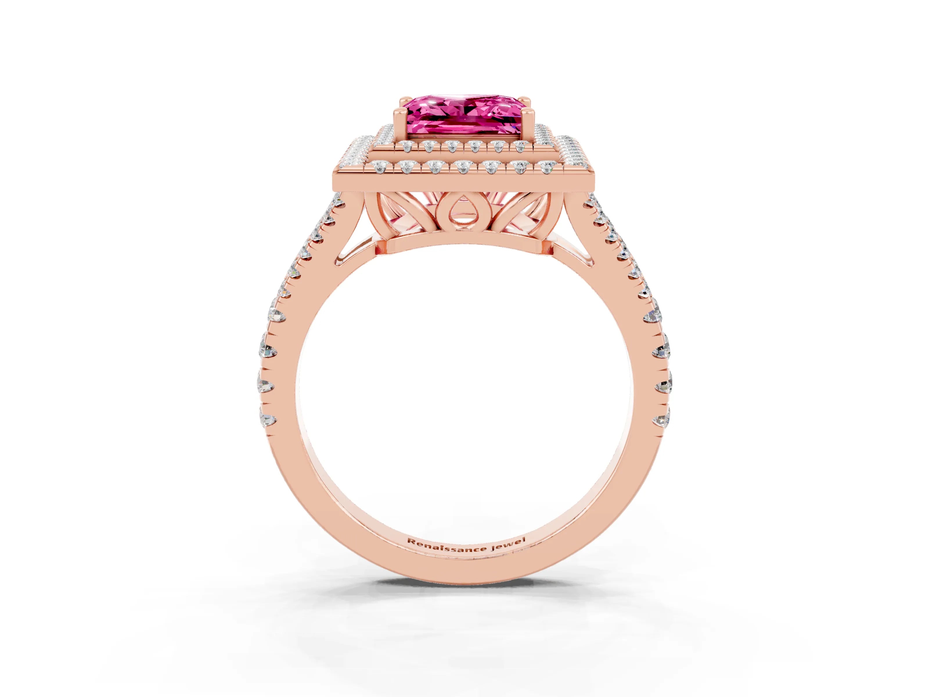 Rose gold Princess Cut Pink Sapphire Double Halo Ring with Pavé Band and Prong Setting_15