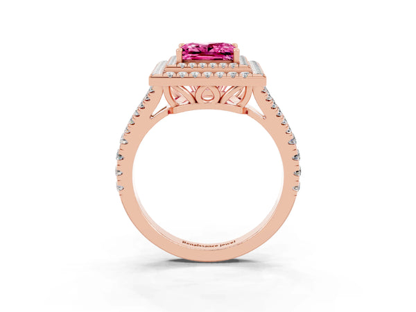 Rose gold Princess Cut Pink Sapphire Double Halo Ring with Pavé Band and Prong Setting