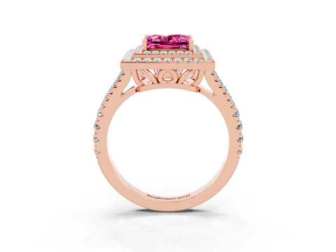Rose gold Princess Cut Pink Sapphire Double Halo Ring with Pavé Band and Prong Setting_15