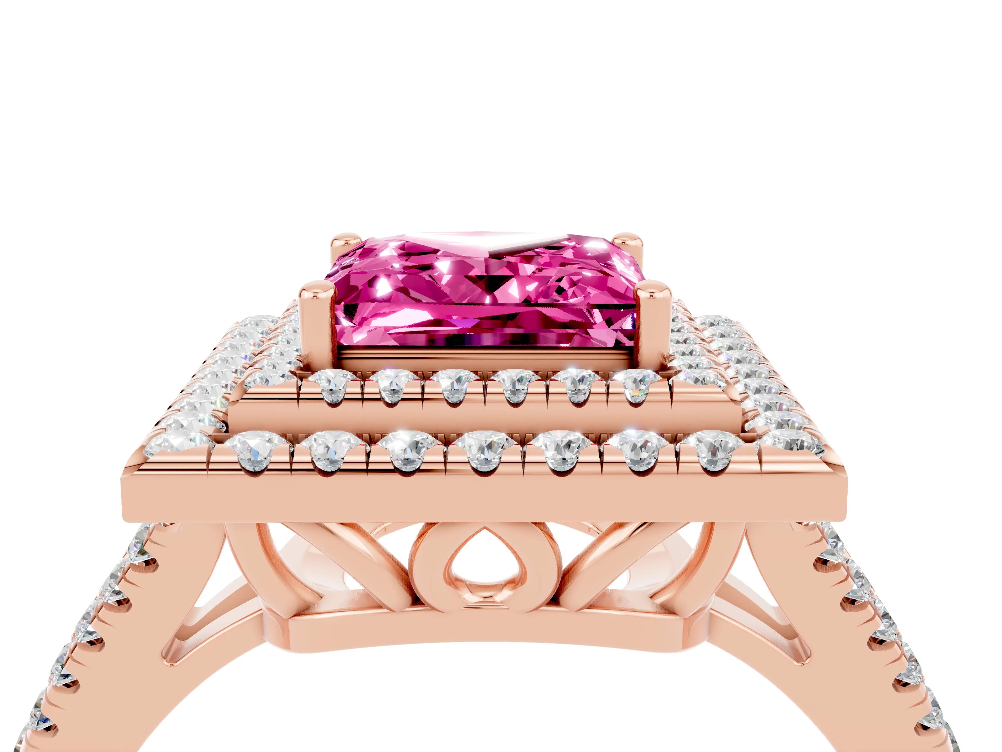 Rose gold Princess Cut Pink Sapphire Double Halo Ring with Pavé Band and Prong Setting_16
