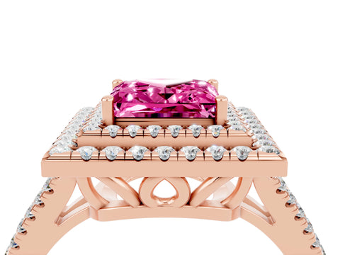 Rose gold Princess Cut Pink Sapphire Double Halo Ring with Pavé Band and Prong Setting_16