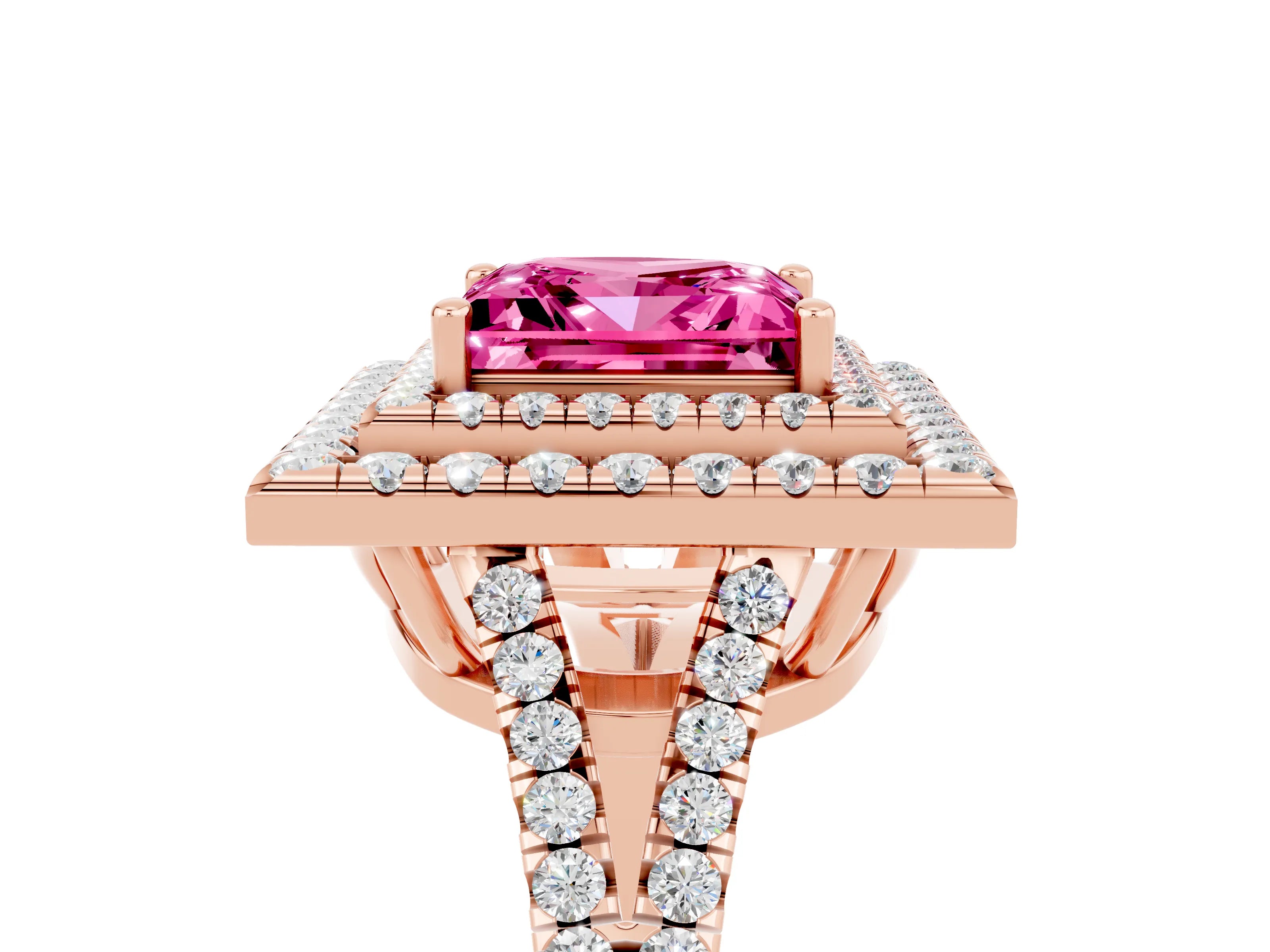 Rose gold Princess Cut Pink Sapphire Double Halo Ring with Pavé Band and Prong Setting_17