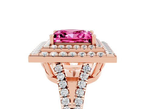 Rose gold Princess Cut Pink Sapphire Double Halo Ring with Pavé Band and Prong Setting_17