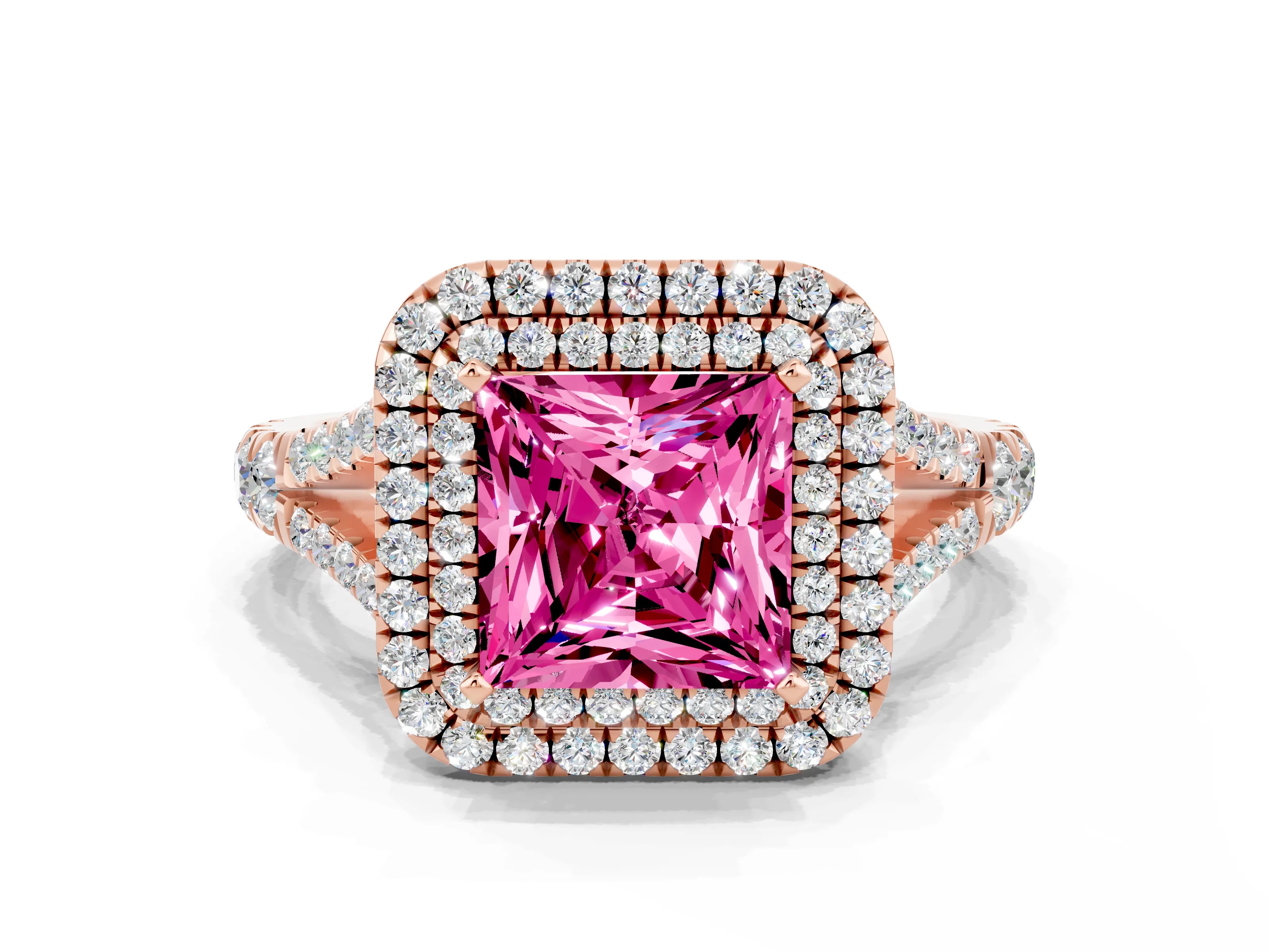 Rose gold Princess Cut Pink Sapphire Double Halo Ring with Split Shank and Prong Setting_12