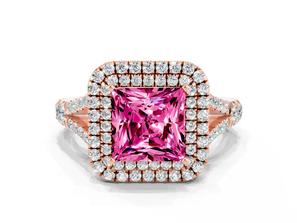 Rose gold Princess Cut Pink Sapphire Double Halo Ring with Split Shank and Prong Setting