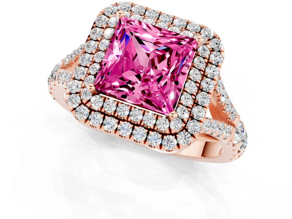 Rose gold Princess Cut Pink Sapphire Double Halo Ring with Split Shank and Prong Setting