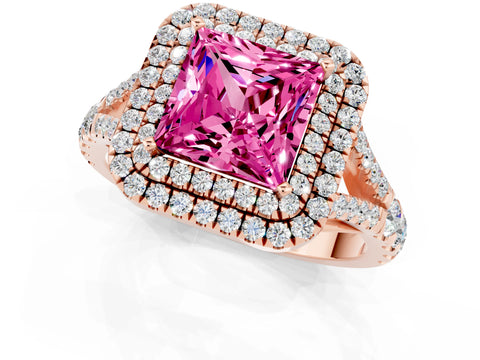 Rose gold Princess Cut Pink Sapphire Double Halo Ring with Split Shank and Prong Setting_13