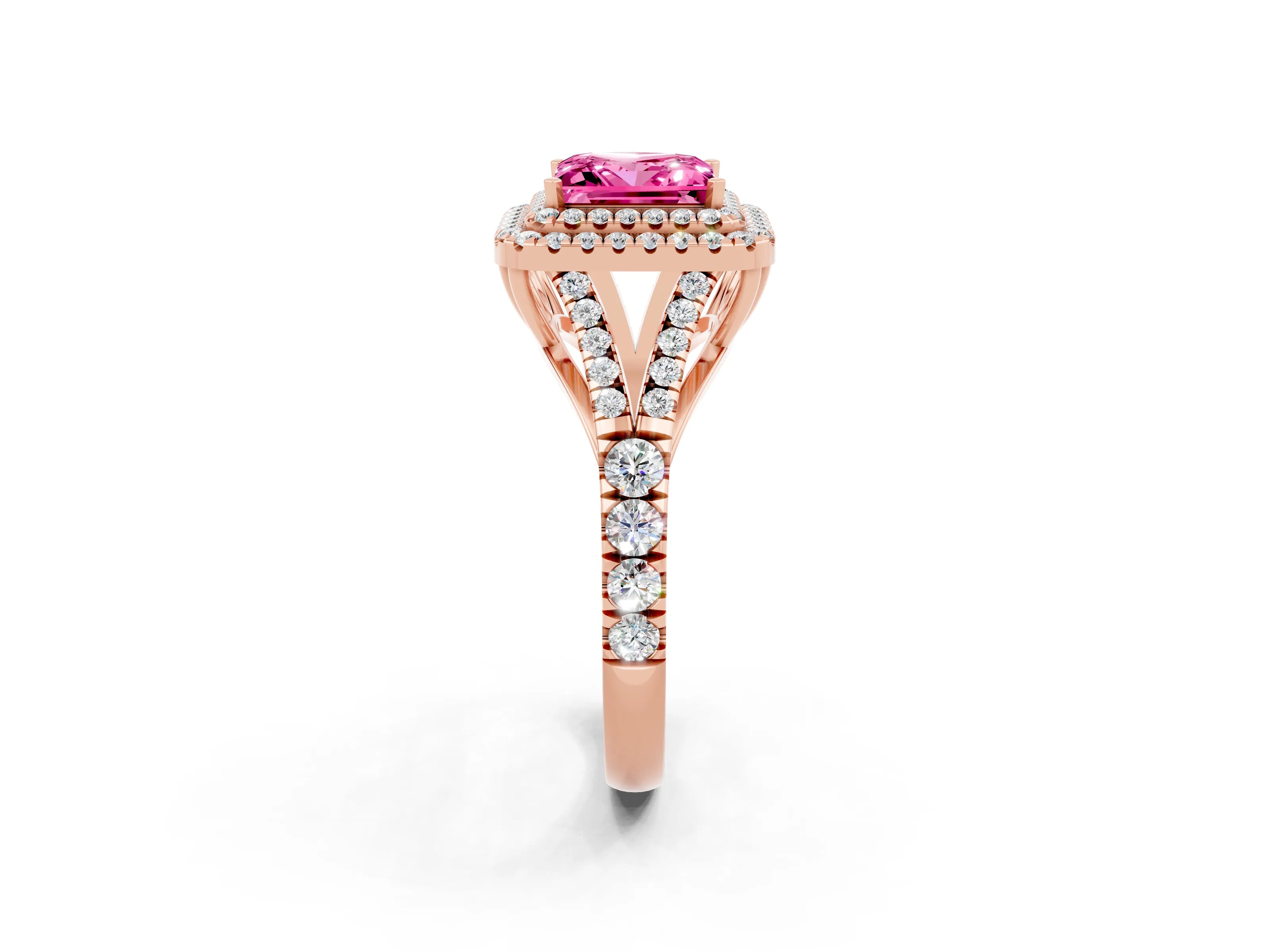 Rose gold Princess Cut Pink Sapphire Double Halo Ring with Split Shank and Prong Setting_14