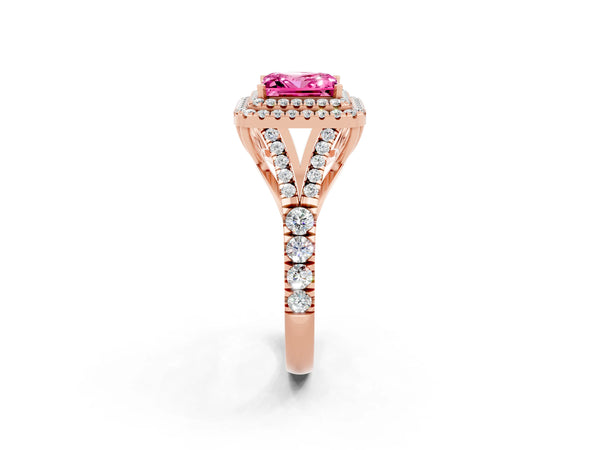 Rose gold Princess Cut Pink Sapphire Double Halo Ring with Split Shank and Prong Setting