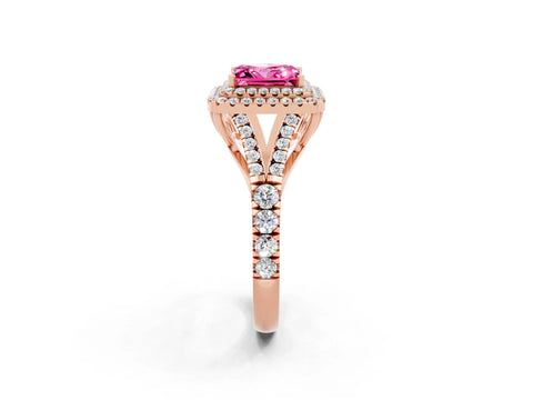 Rose gold Princess Cut Pink Sapphire Double Halo Ring with Split Shank and Prong Setting_14