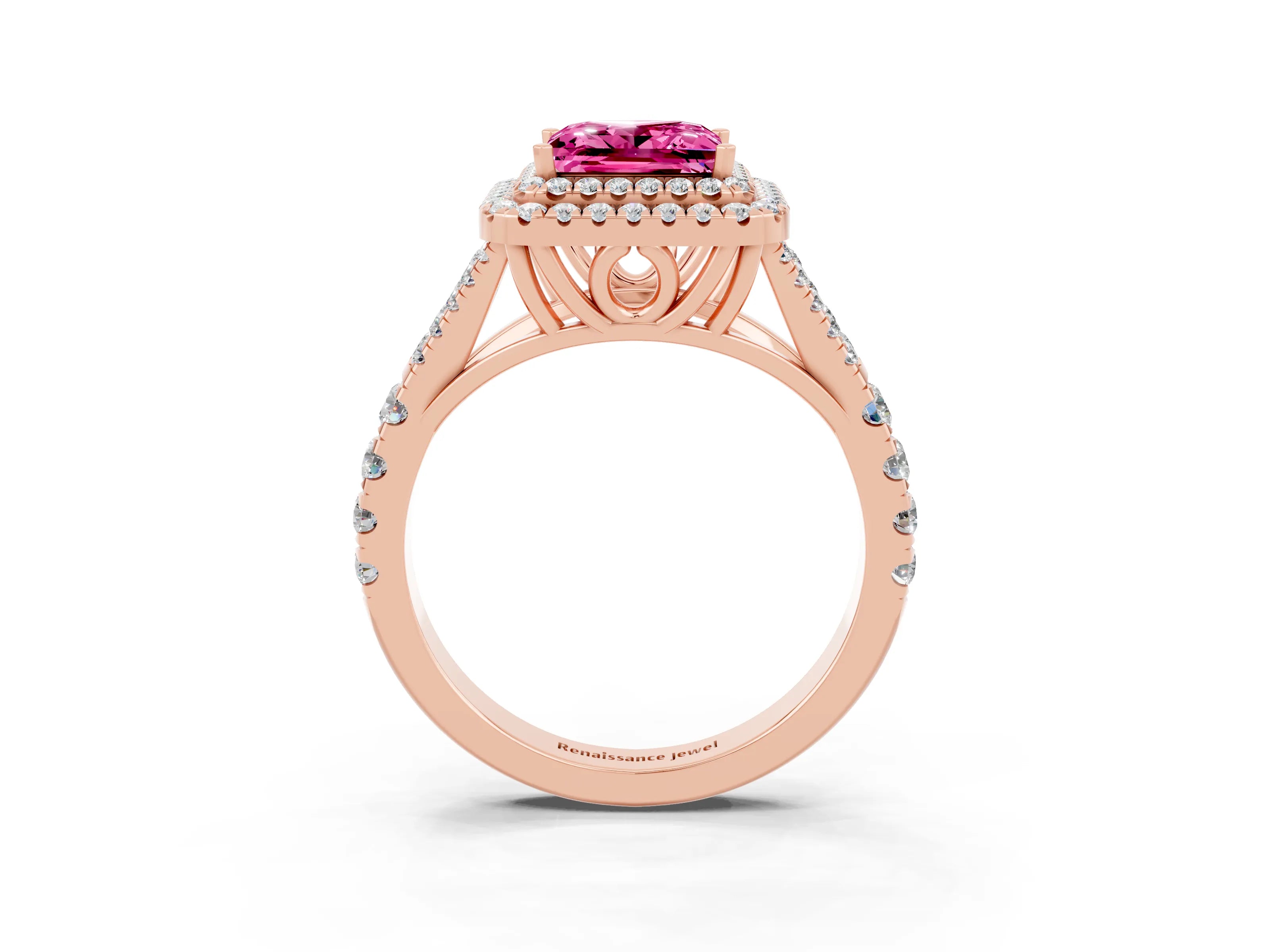 Rose gold Princess Cut Pink Sapphire Double Halo Ring with Split Shank and Prong Setting_15