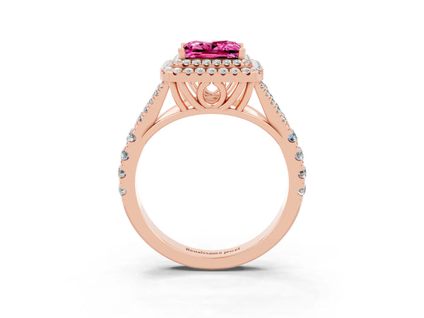 Rose gold Princess Cut Pink Sapphire Double Halo Ring with Split Shank and Prong Setting