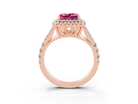 Rose gold Princess Cut Pink Sapphire Double Halo Ring with Split Shank and Prong Setting_15