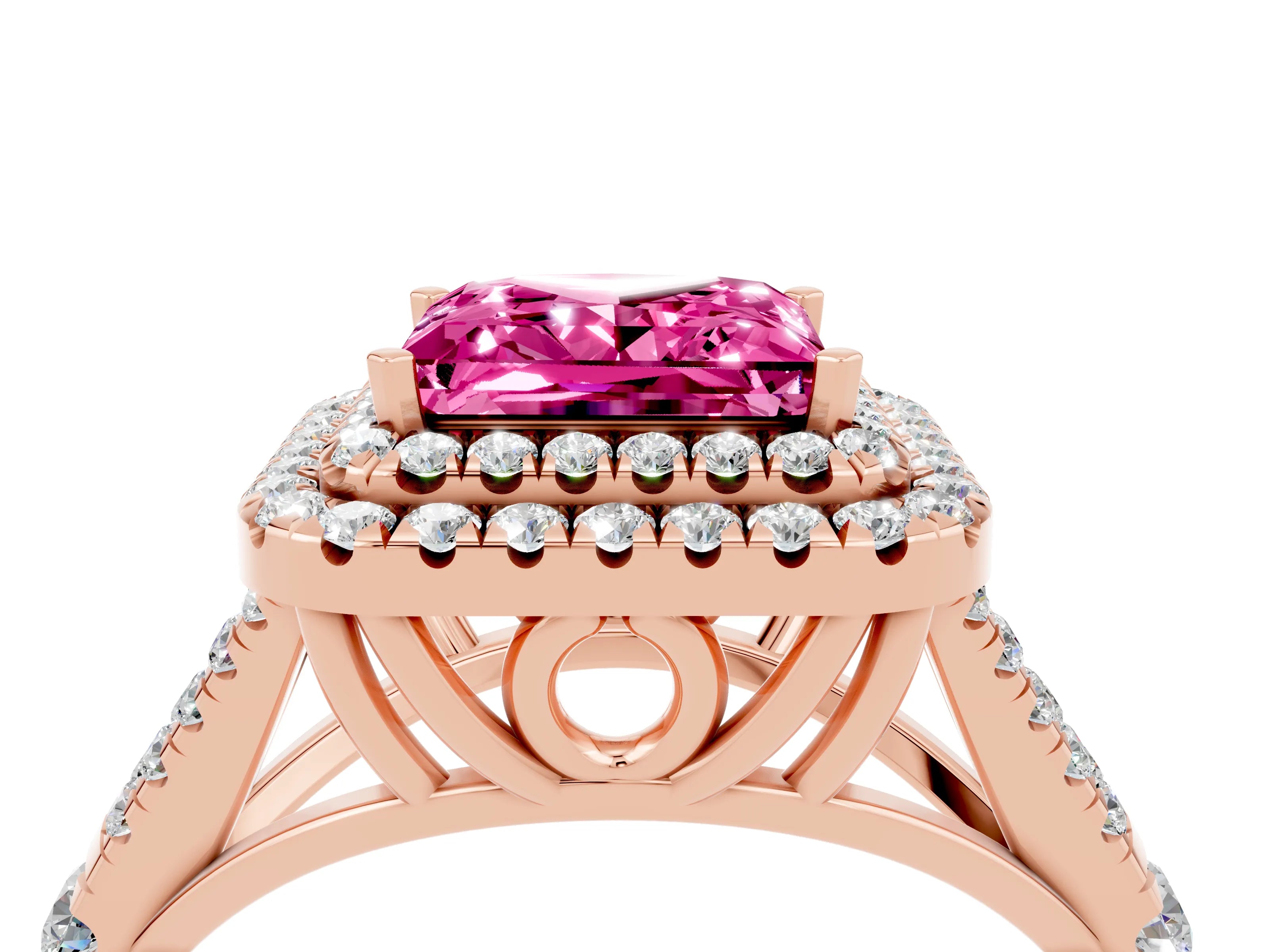 Rose gold Princess Cut Pink Sapphire Double Halo Ring with Split Shank and Prong Setting_16