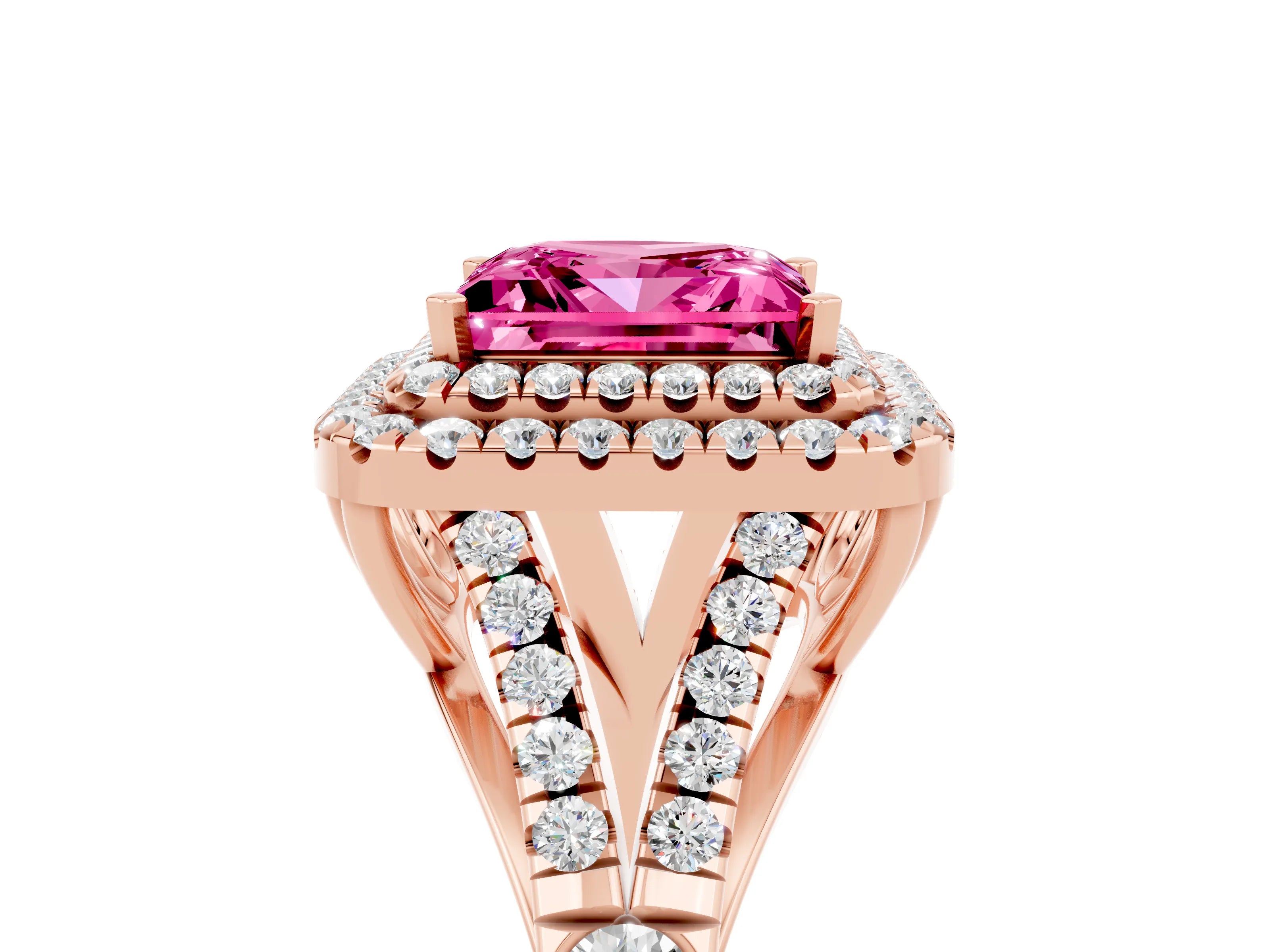 Rose gold Princess Cut Pink Sapphire Double Halo Ring with Split Shank and Prong Setting_17