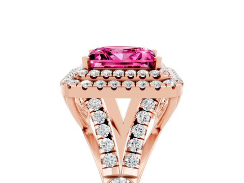 Rose gold Princess Cut Pink Sapphire Double Halo Ring with Split Shank and Prong Setting_17