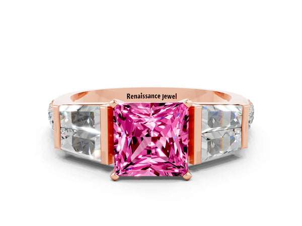 Rose gold Princess Cut Pink Sapphire Engagement Ring with Baguette Side Stones and Channel Set Band