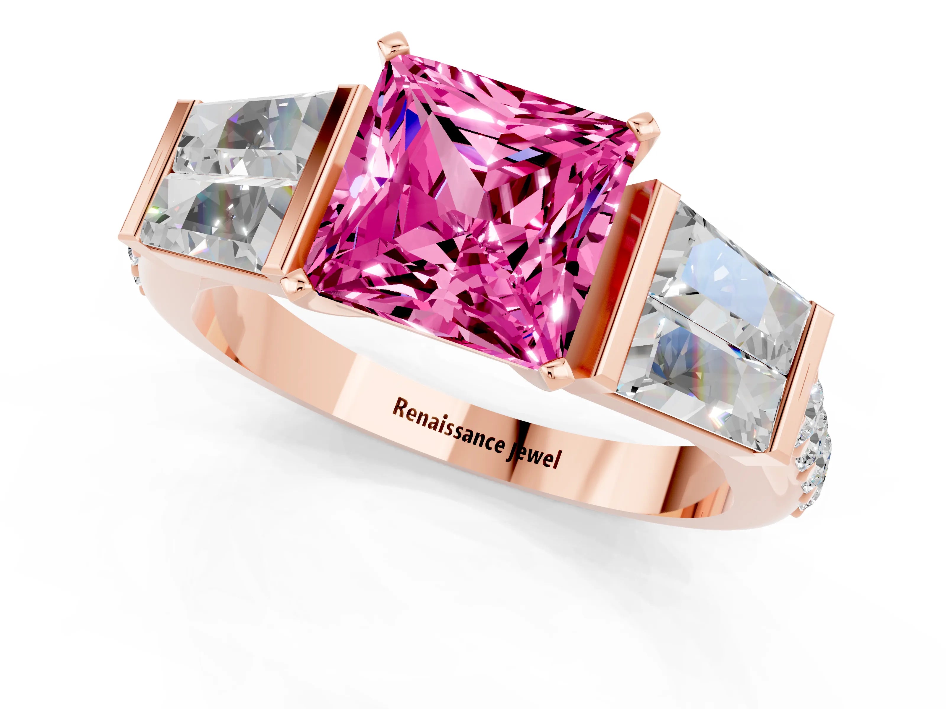 Rose gold Princess Cut Pink Sapphire Engagement Ring with Baguette Side Stones and Channel Set Band_1