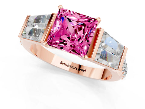 Rose gold Princess Cut Pink Sapphire Engagement Ring with Baguette Side Stones and Channel Set Band_1