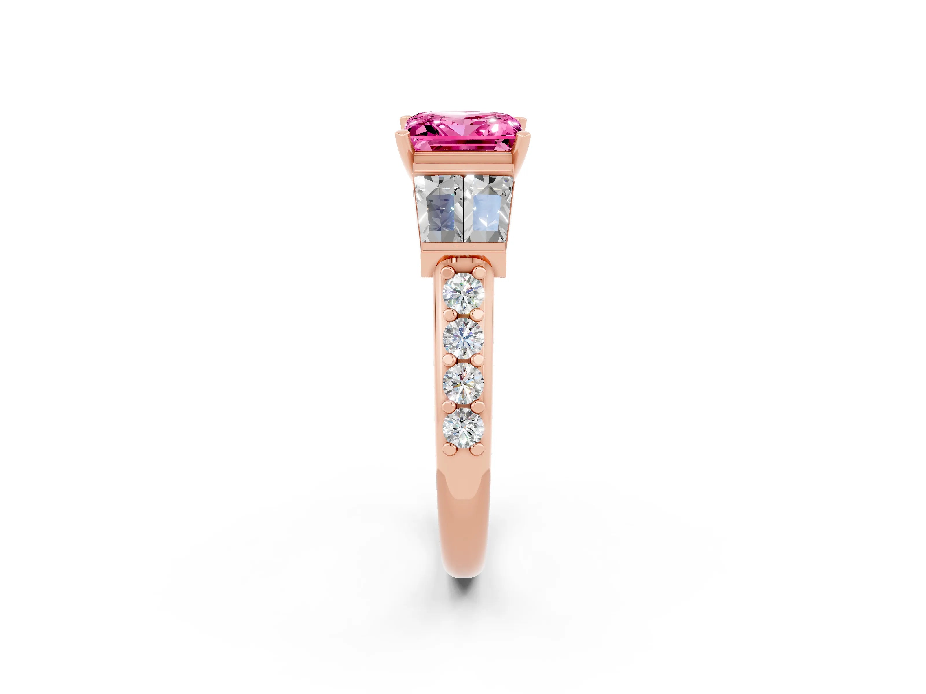 Rose gold Princess Cut Pink Sapphire Engagement Ring with Baguette Side Stones and Channel Set Band_2