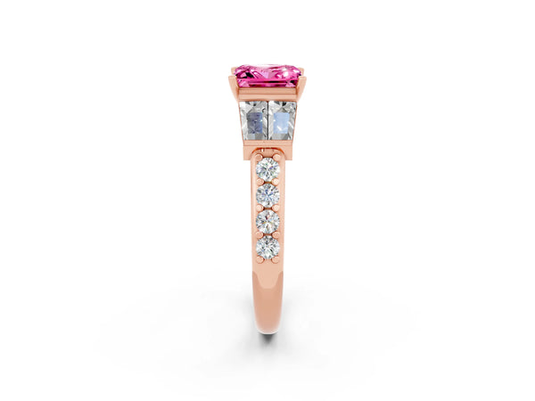 Rose gold Princess Cut Pink Sapphire Engagement Ring with Baguette Side Stones and Channel Set Band