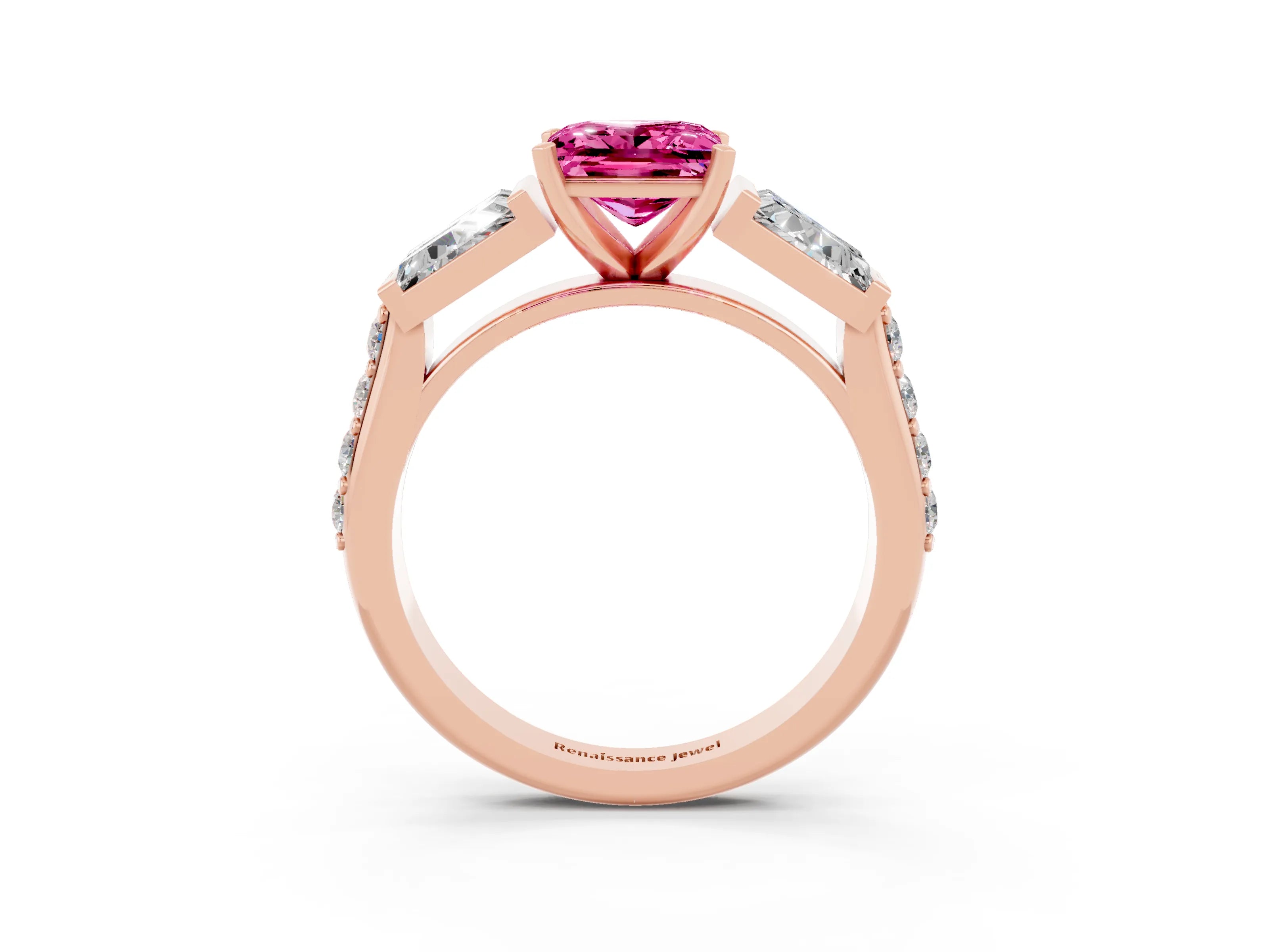 Rose gold Princess Cut Pink Sapphire Engagement Ring with Baguette Side Stones and Channel Set Band_3