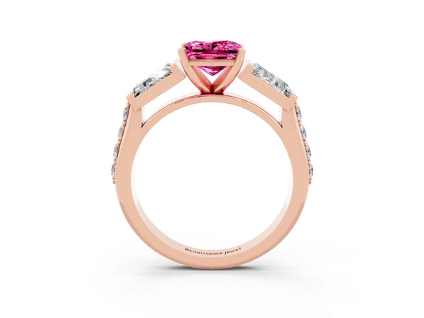 Rose gold Princess Cut Pink Sapphire Engagement Ring with Baguette Side Stones and Channel Set Band
