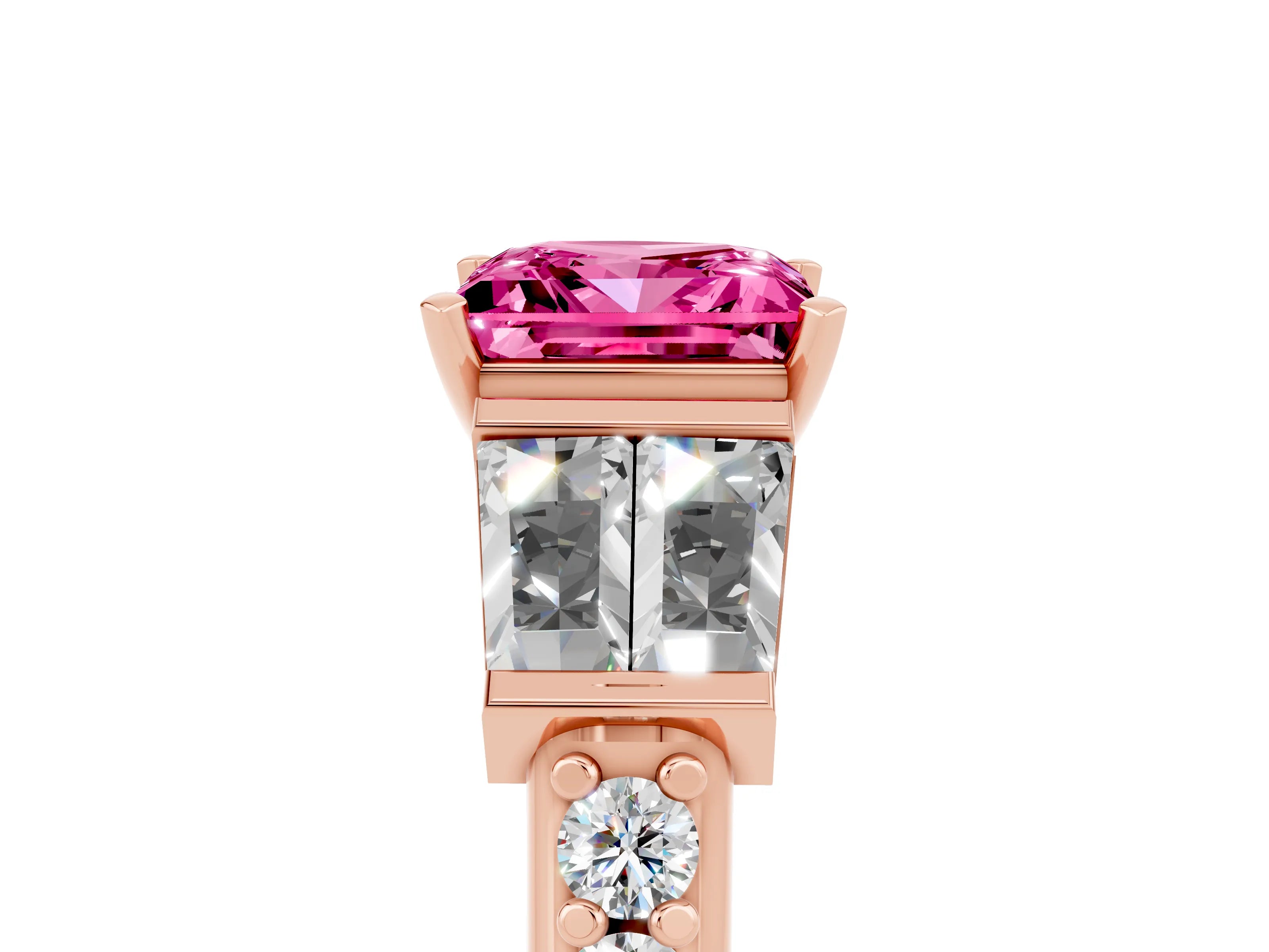 Rose gold Princess Cut Pink Sapphire Engagement Ring with Baguette Side Stones and Channel Set Band_5