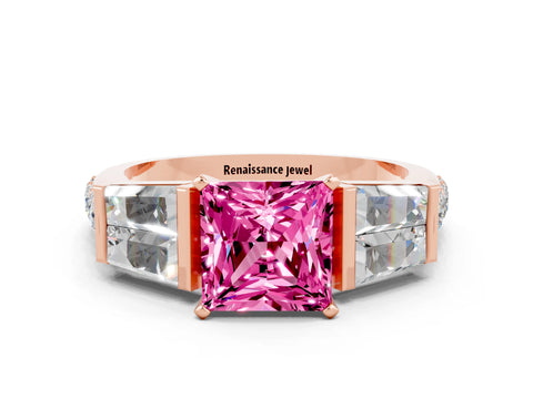 Rose gold Princess Cut Pink Sapphire Engagement Ring with Baguette Side Stones and Channel Set Band