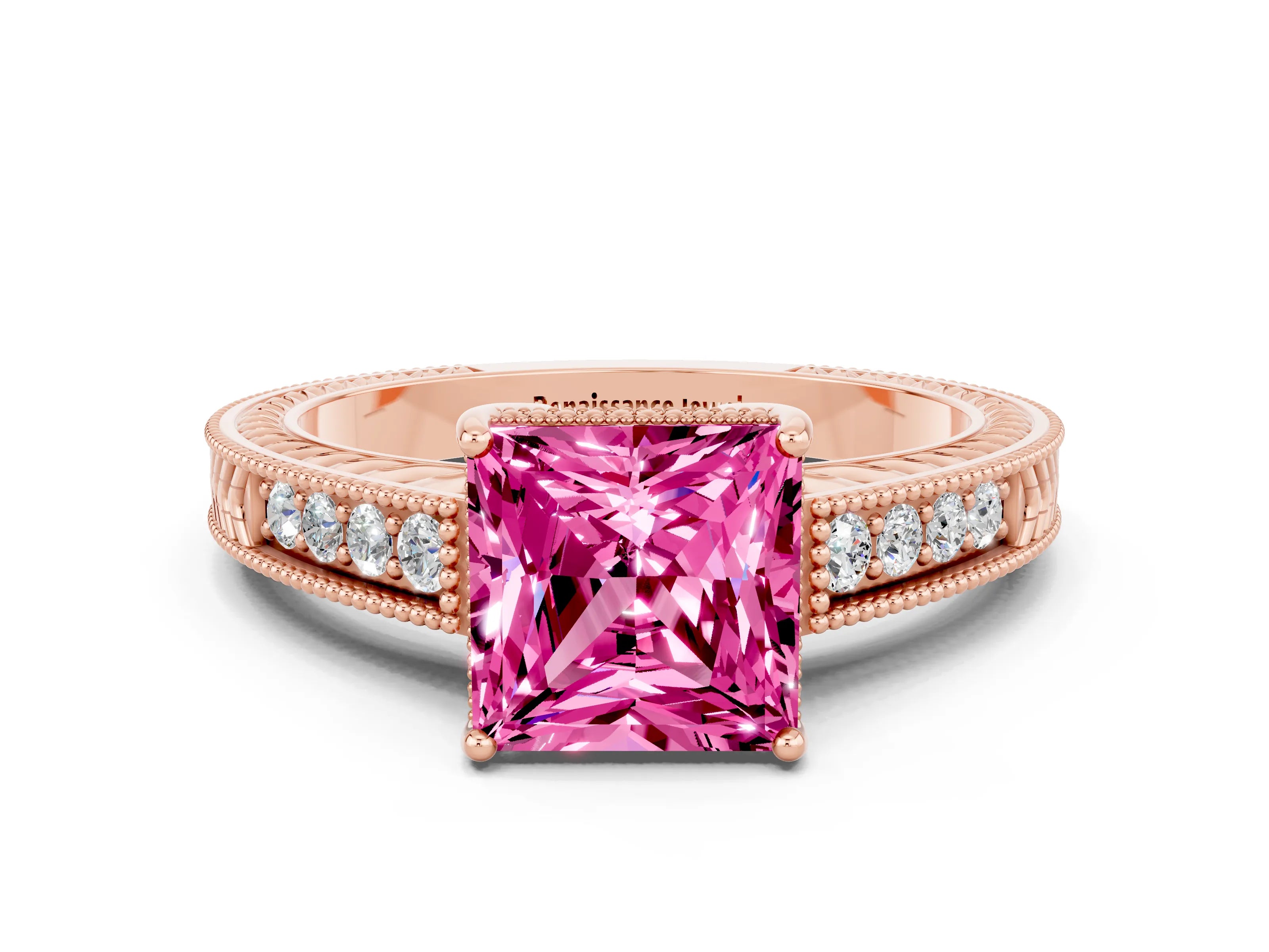 Rose gold Princess Cut Pink Sapphire Engagement Ring with Milgrain Channel Set Band and Prong Setting_24