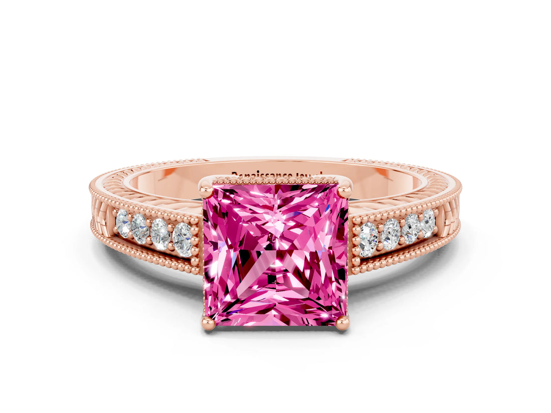 Rose gold Princess Cut Pink Sapphire Engagement Ring with Milgrain Channel Set Band and Prong Setting_24