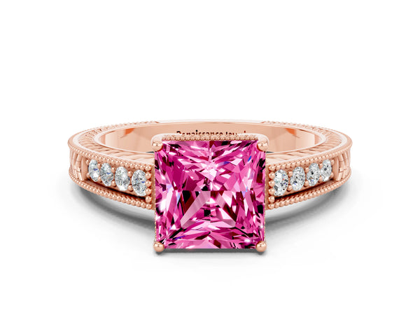 Rose gold Princess Cut Pink Sapphire Engagement Ring with Milgrain Channel Set Band and Prong Setting