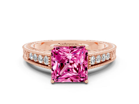 Rose gold Princess Cut Pink Sapphire Engagement Ring with Milgrain Channel Set Band and Prong Setting_24