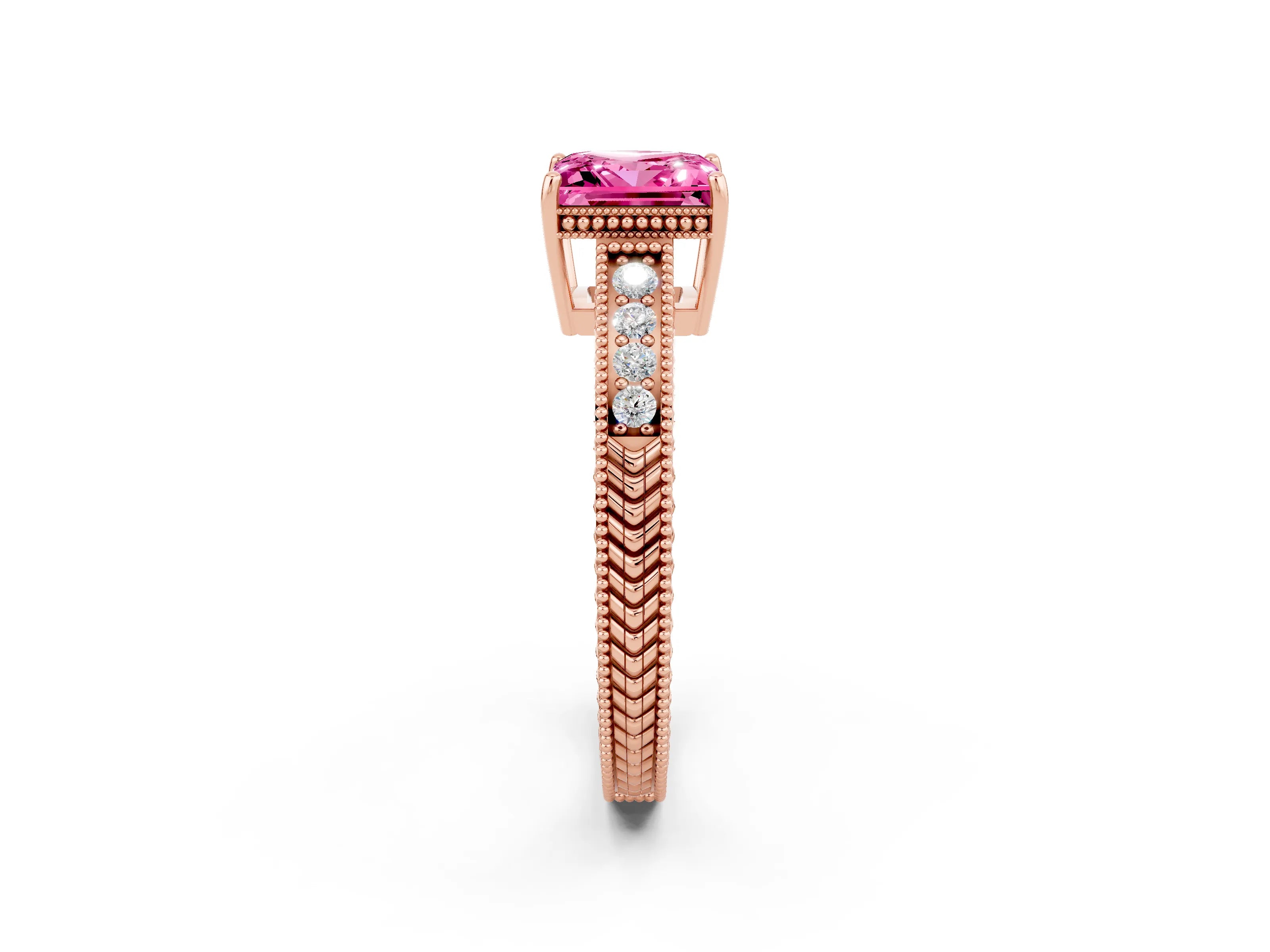 Rose gold Princess Cut Pink Sapphire Engagement Ring with Milgrain Channel Set Band and Prong Setting_26