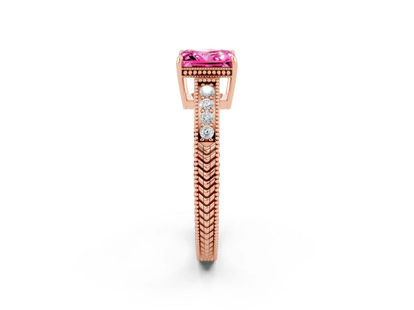 Rose gold Princess Cut Pink Sapphire Engagement Ring with Milgrain Channel Set Band and Prong Setting