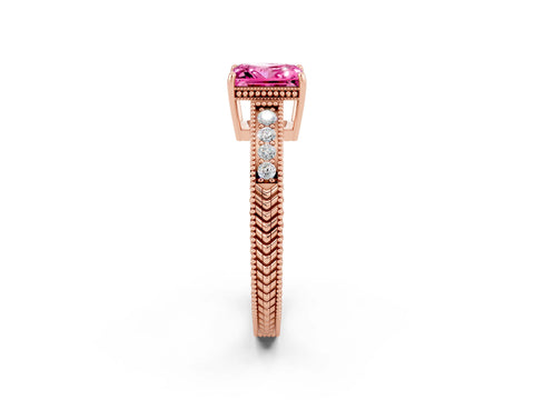 Rose gold Princess Cut Pink Sapphire Engagement Ring with Milgrain Channel Set Band and Prong Setting_26