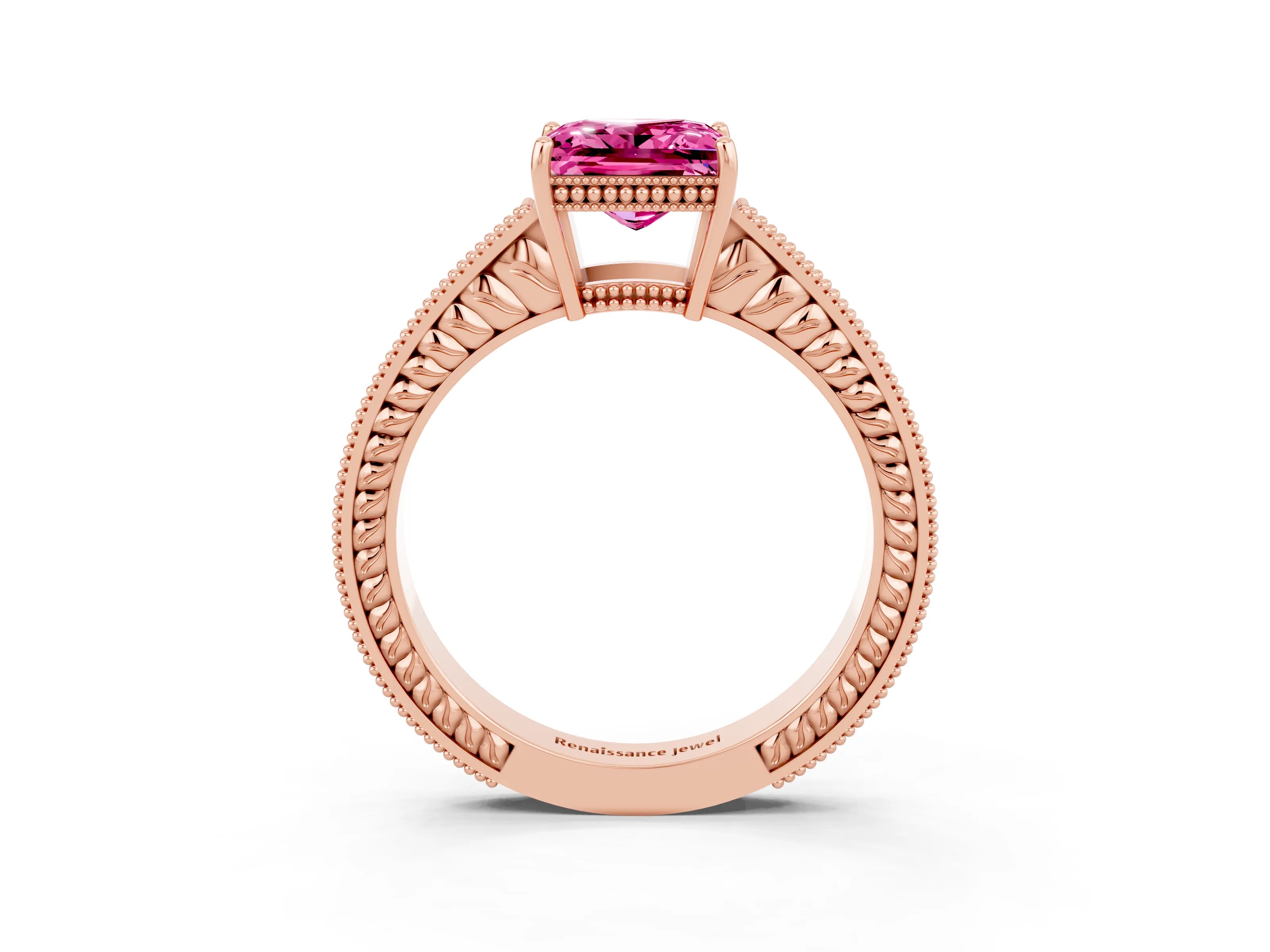 Rose gold Princess Cut Pink Sapphire Engagement Ring with Milgrain Channel Set Band and Prong Setting_27
